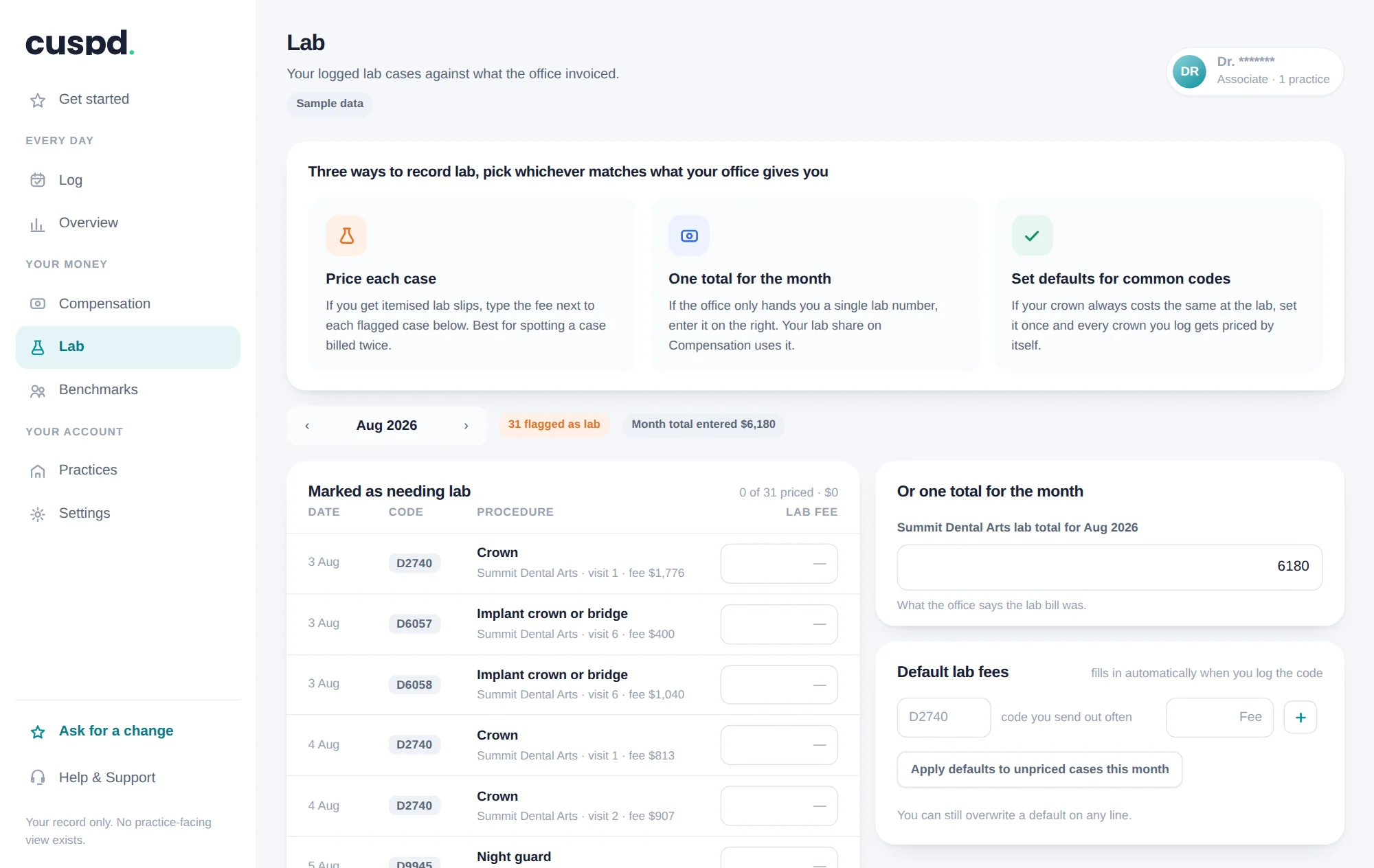 cuspd Lab page: three ways to record lab, cases marked as needing lab, and default lab fees